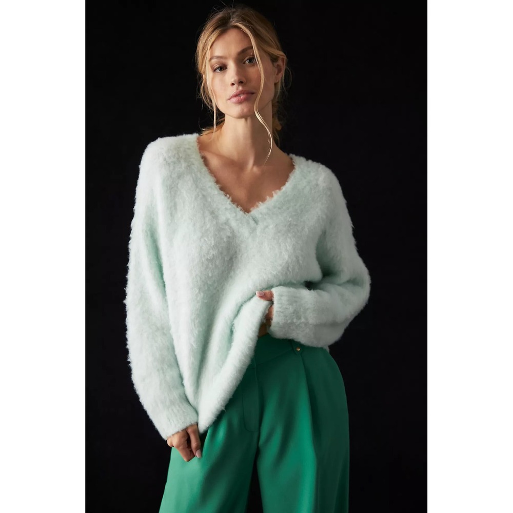 Maeve by Anthropologie Plush Mint Green Fuzzy V-Neck Knit Sweater Small